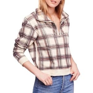 Free People Plaid Quarter Zip Pullover Sweatshirt Cream Coral XS